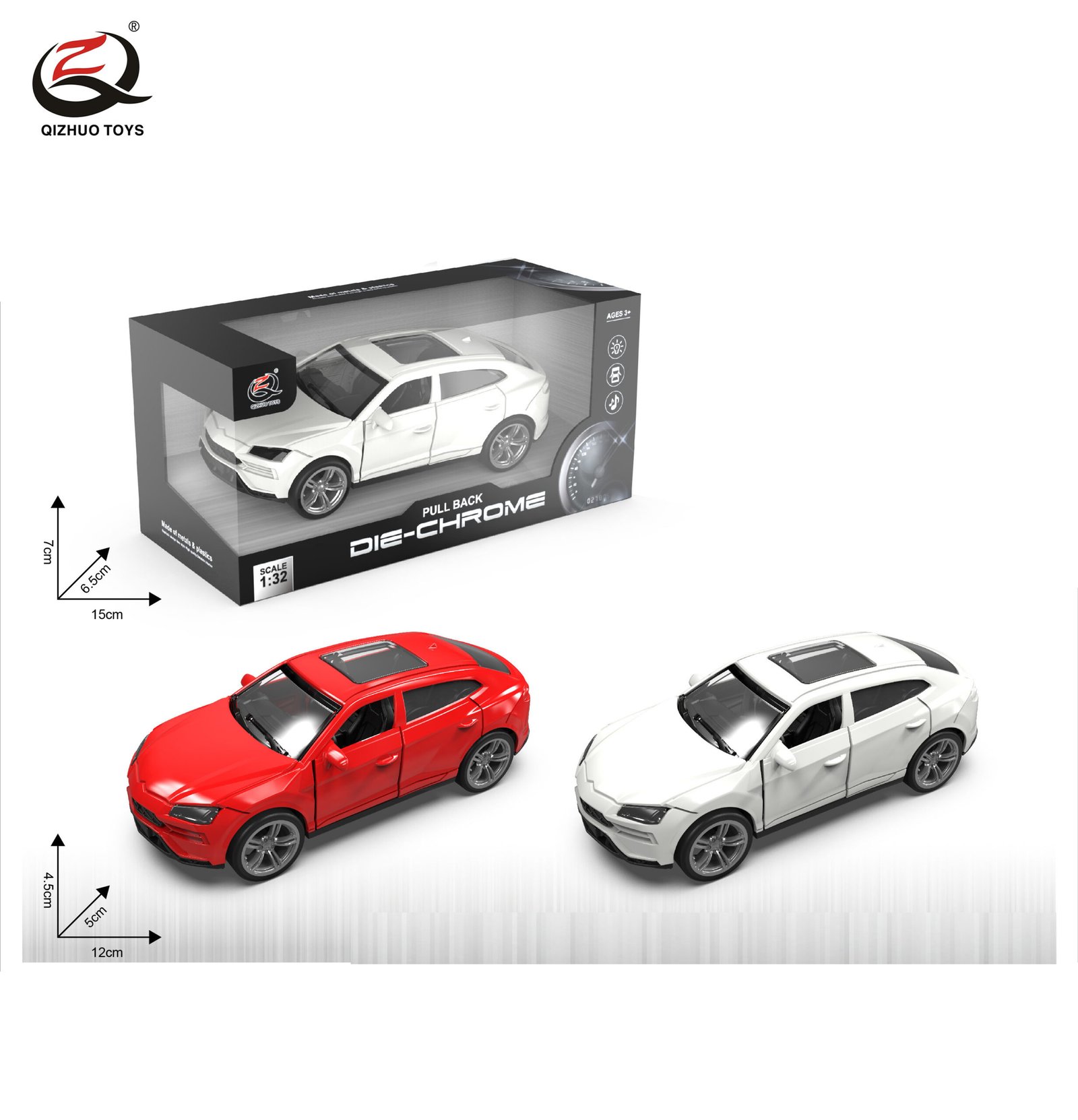 QZ630B Scale 1:32 Die Cast Car Model, Pull Back, With Light And Sound, 2 Doors Can Be Opened, 2 Colors Mixed.