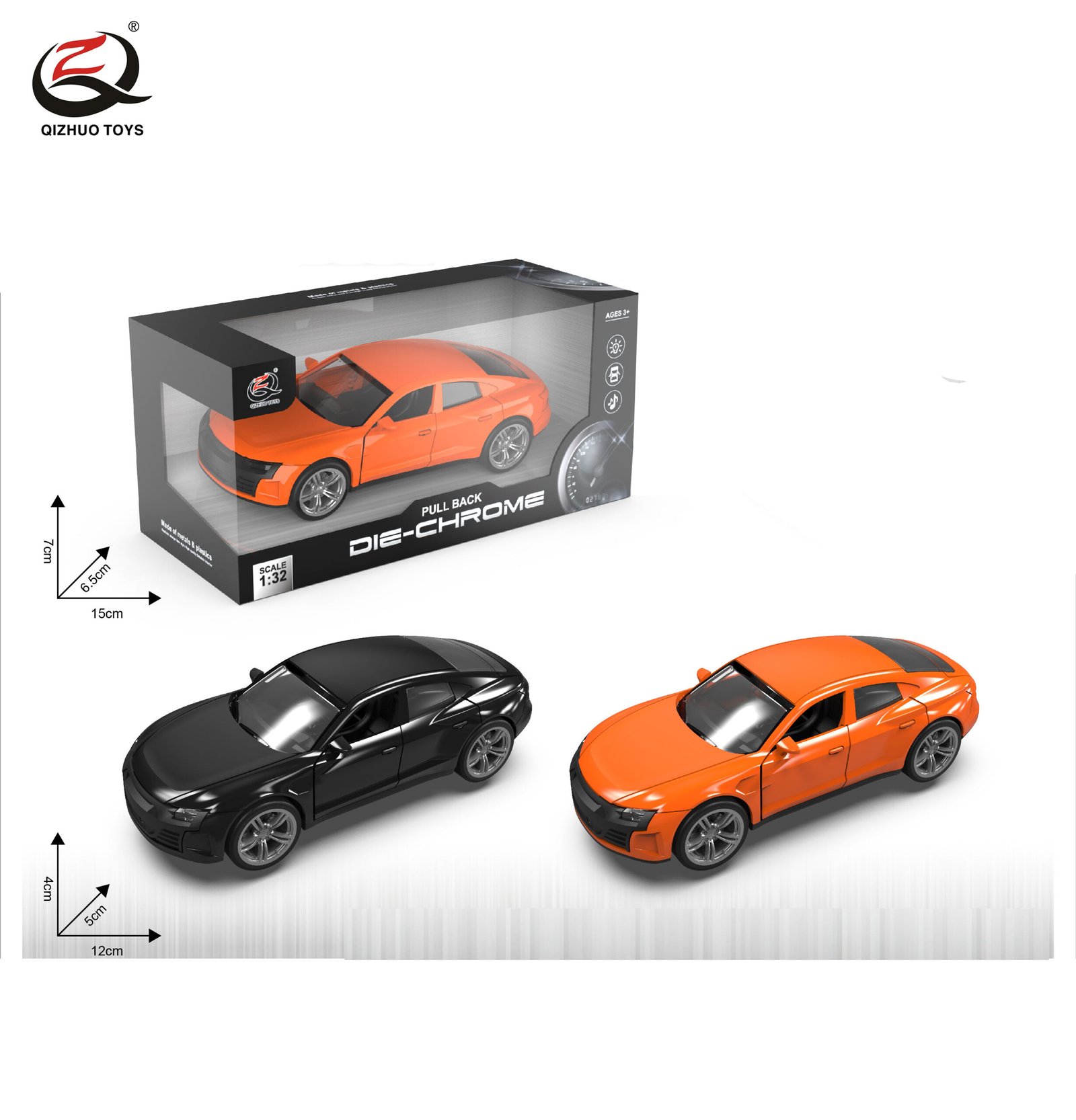 QZ630C Scale 1:32 Die Cast Car Model, Pull Back, With Light And Sound, 2 Doors Can Be Opened, 2 Colors Mixed.