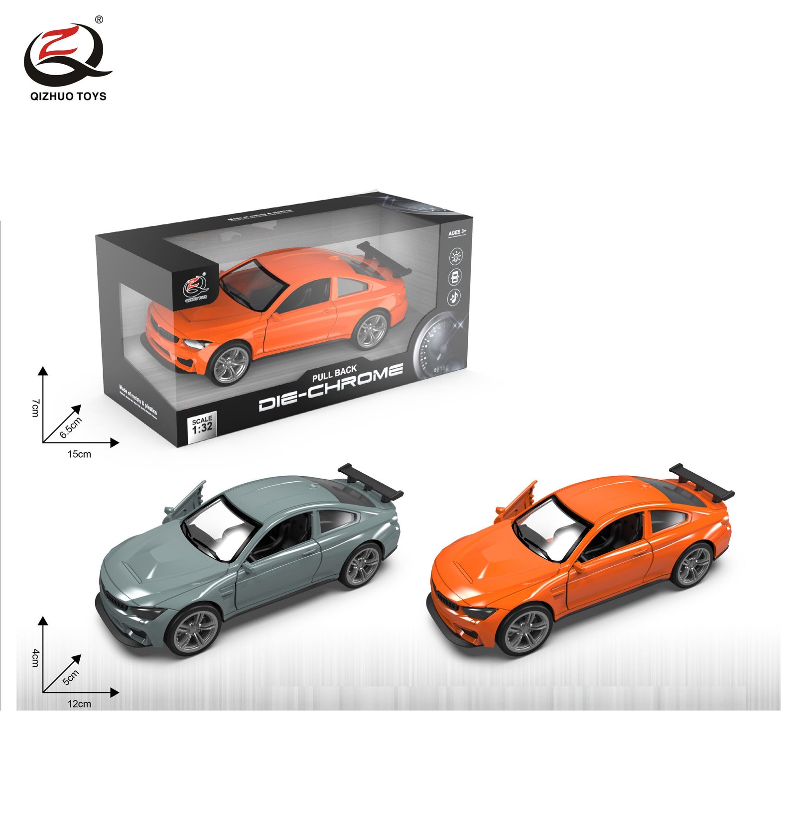 QZ630D Scale 1:32 Die Cast Car Model, Pull Back, With Light And Sound, 2 Doors Can Be Opened, 2 Colors Mixed.