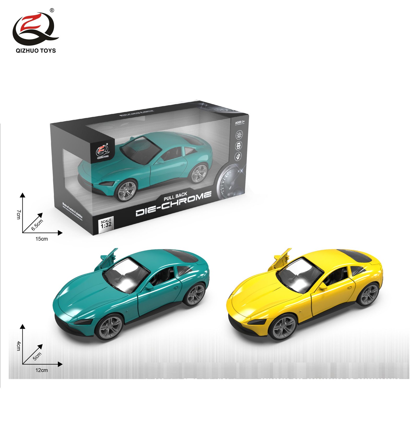 QZ630E Scale 1:32 Die Cast Car Model, Pull Back, With Light And Sound, 2 Doors Can Be Opened, 2 Colors Mixed.