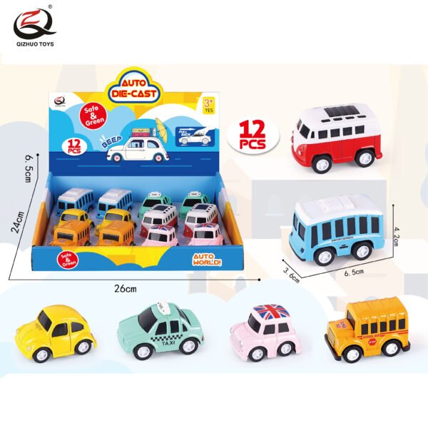 QZ208-3A       1:55 Cartoon Style City Diecast Pull Back Car, 6 Styles Mixed, 12 Pcs/Pdq