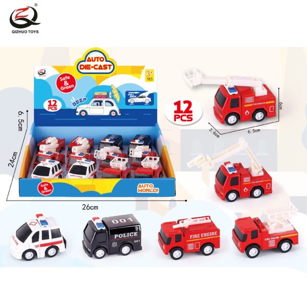 QZ208-3B    1:55 Cartoon Style Fire Diecast Pull Back Car, 6 Styles Mixed, 12 Pcs/Pdq