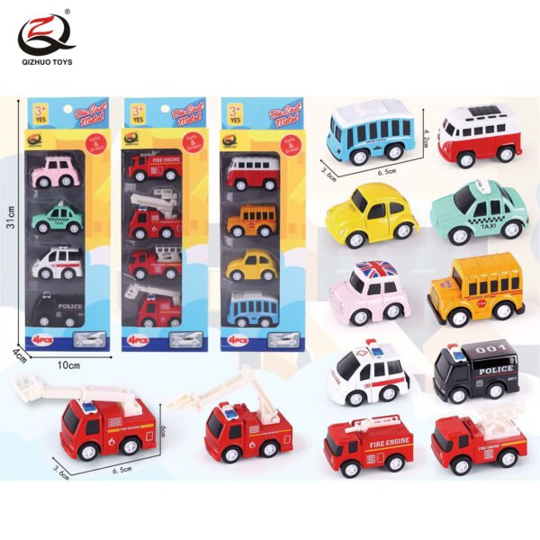 QZ613 4 Pcs  1:55 Cartoon Style Die Cast Pull Back  Car, 3  Assorted
