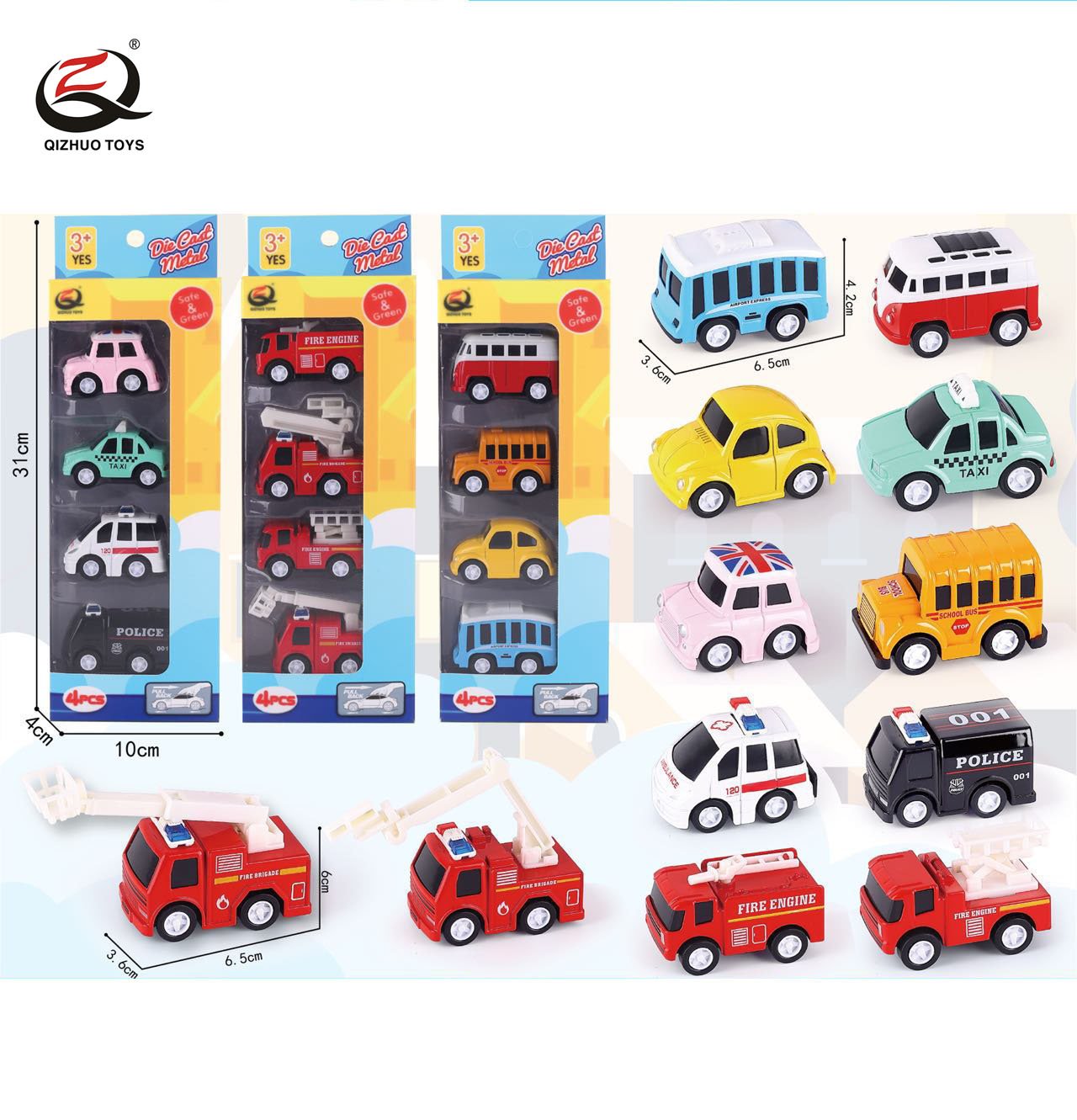 QZ613 4 Pcs 1:55 Cartoon Style Die Cast Pull Back Car, 3 Assorted