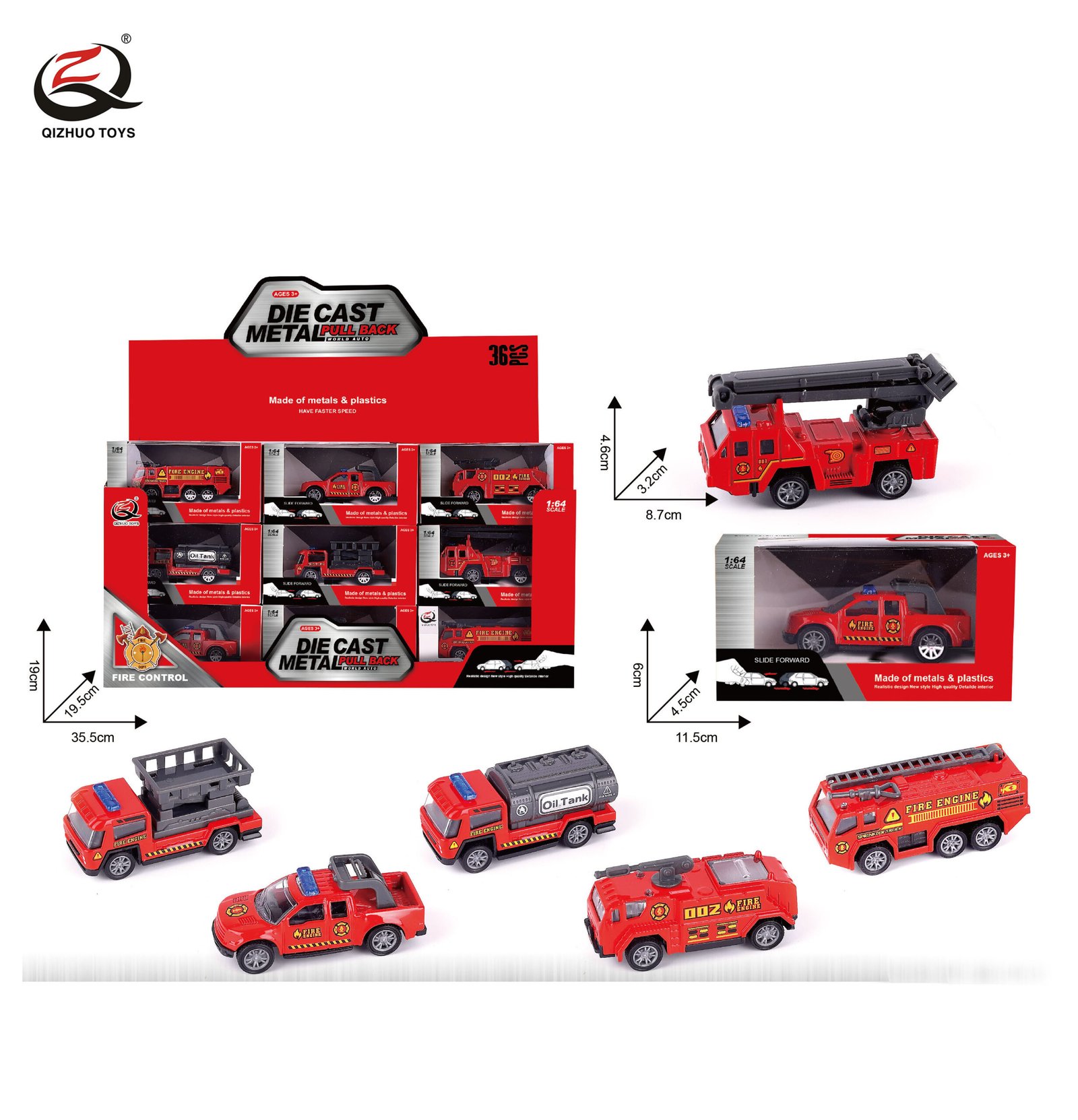 QZ615-B 1:64 Fire Diecast Pull Back Car, 6 Styles Mixed, 36 Pcs/Pdq