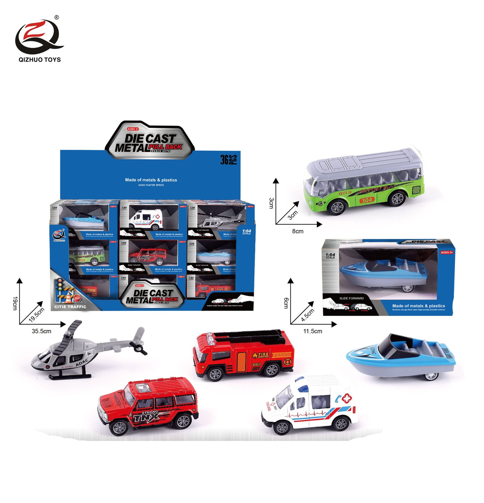 QZ615-D 1:64 City Diecast Pull Back Car, 6 Styles Mixed, 36 Pcs/Pdq