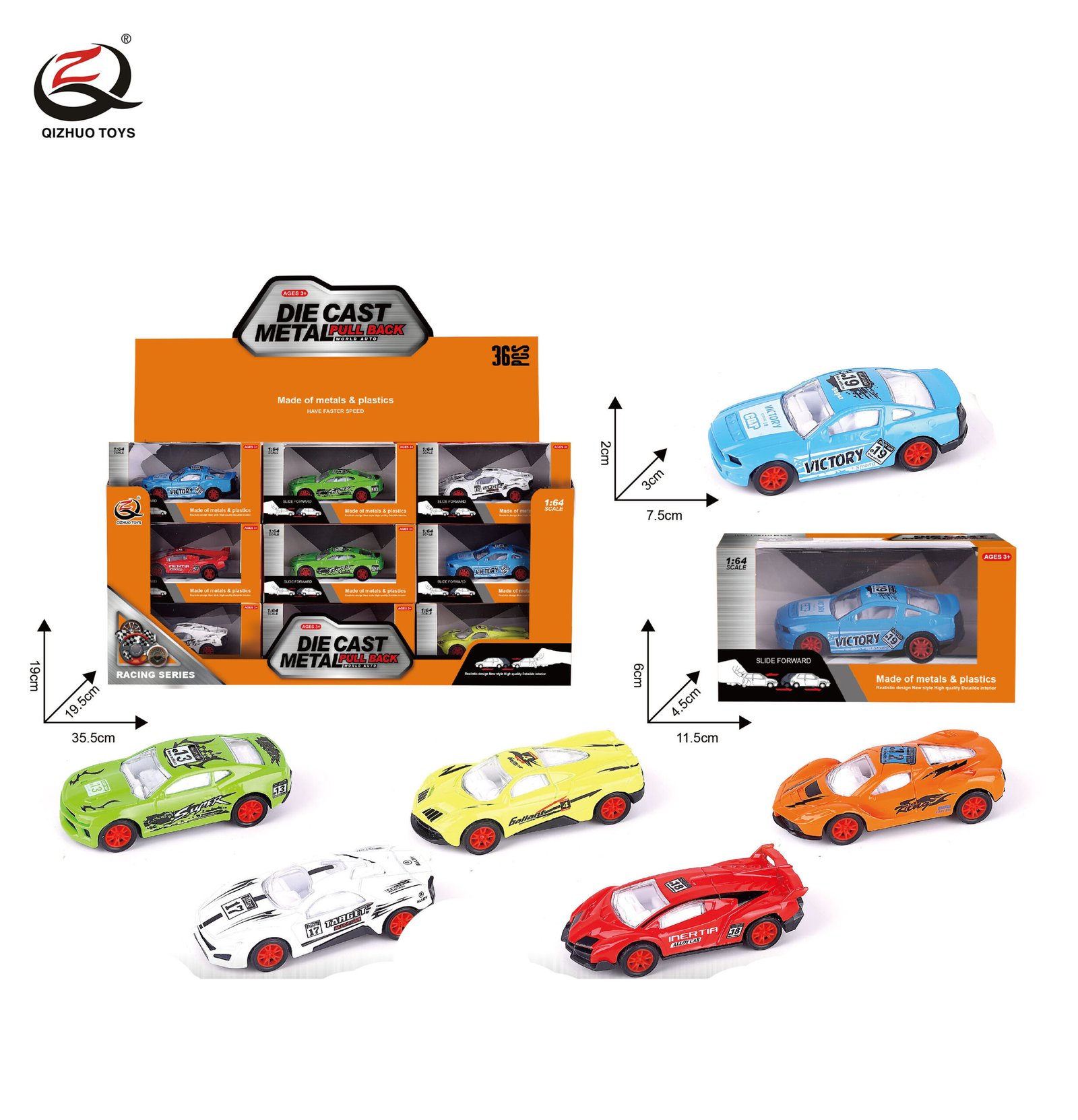 QZ615-F 1:64 Racing Diecast Pull Back Car, 6 Styles Mixed, 36 Pcs/Pdq