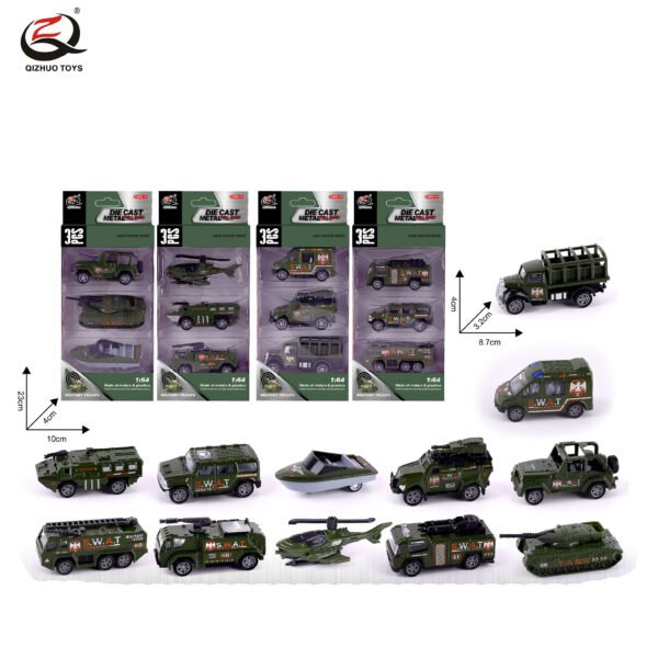 QZ616-A 3 Pcs  1:64 Military Diecast Pull Back Car, 4  Assorted