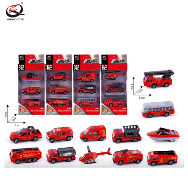 QZ616-B 3 Pcs  1:64 Fire Diecast Pull Back Car, 4  Assorted