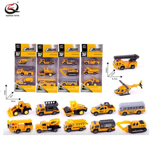 QZ616-C 3 Pcs 1:64 Engineering Diecast Pull Back Car, 4 Assorted
