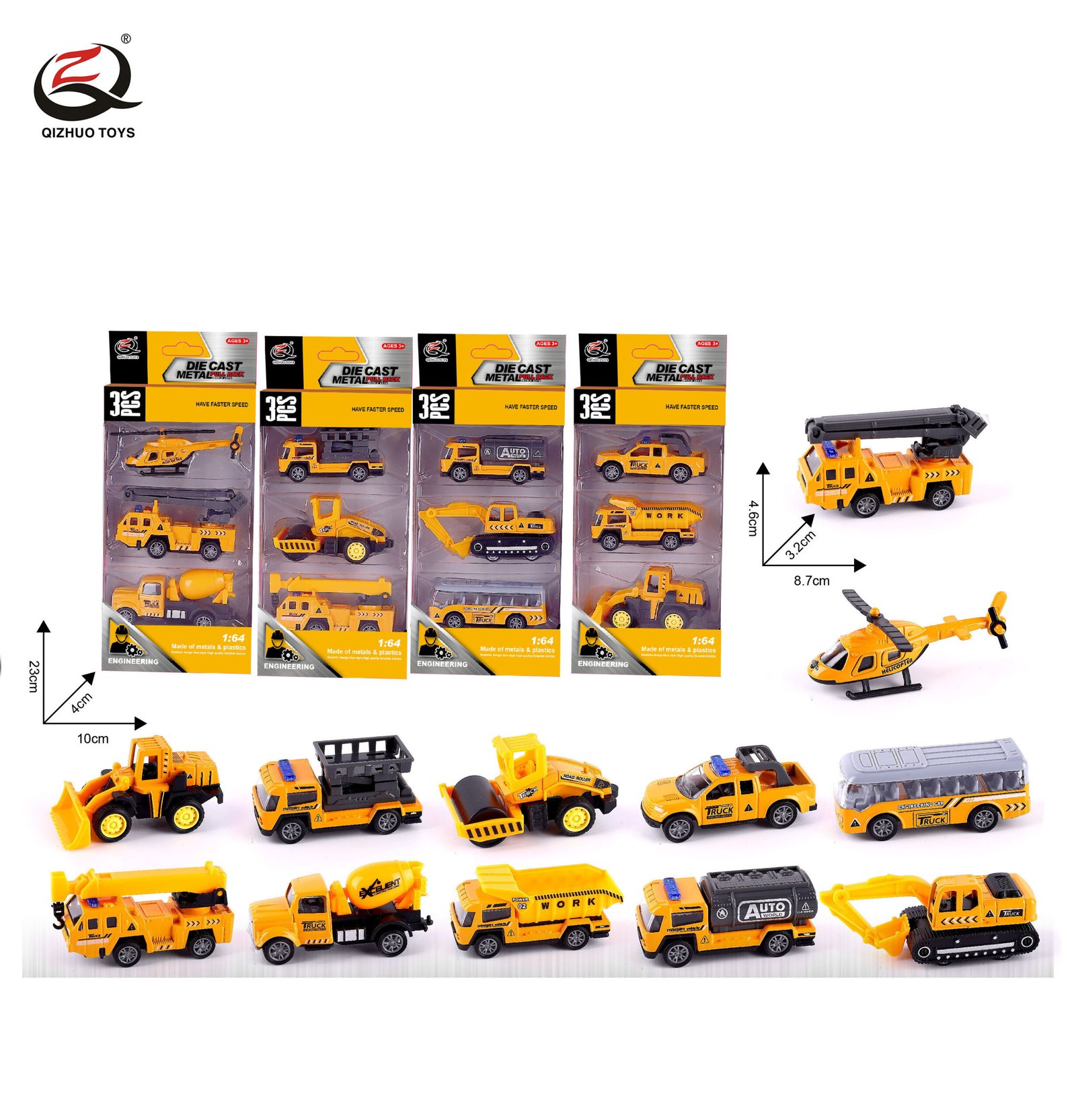 QZ616-C 3 Pcs 1:64 Engineering Diecast Pull Back Car, 4 Assorted