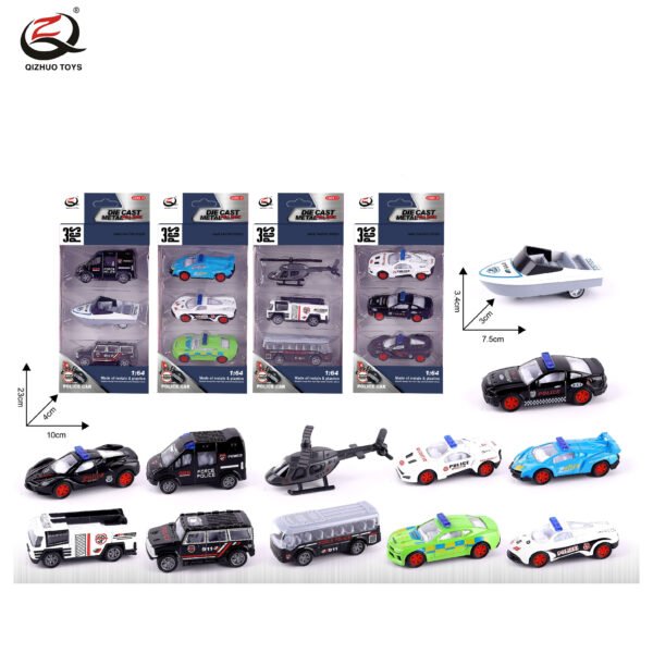QZ616-G 3 Pcs 1:64 Police Diecast Pull Back Car, 4 Assorted