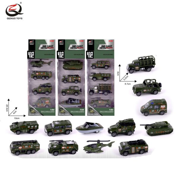 QZ617-A 4 Pcs 1:64 Military Diecast Pull Back Car, 3 Assorted
