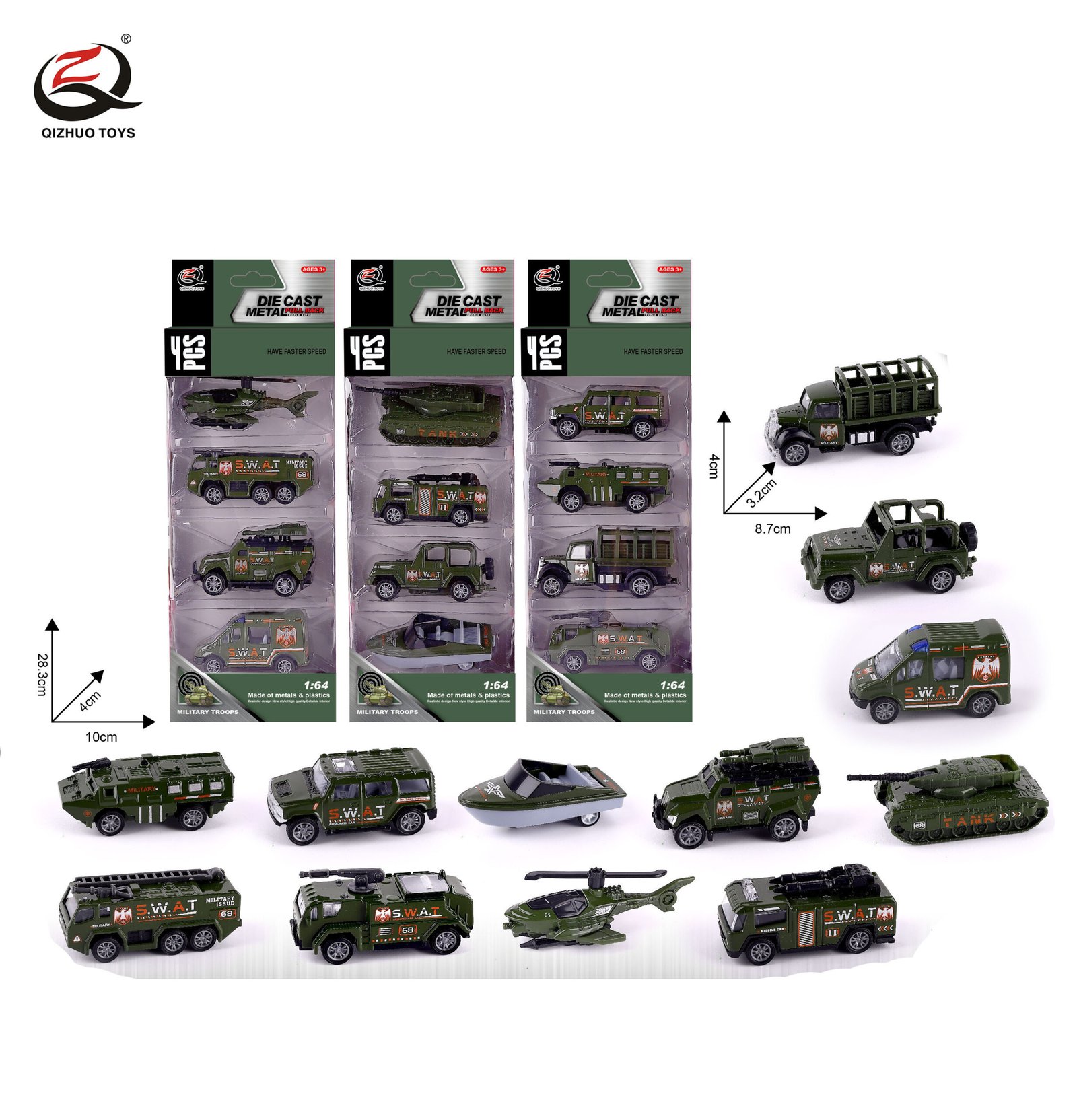 QZ617-A 4 Pcs 1:64 Military Diecast Pull Back Car, 3 Assorted