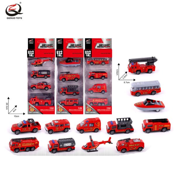 QZ617-B 4 Pcs 1:64 Fire Diecast Pull Back Car, 3 Assorted