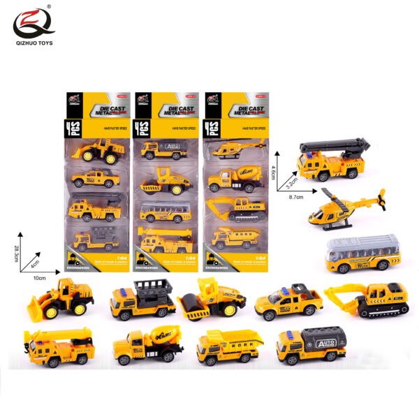 QZ617-C 4 Pcs 1:64 Engineering Diecast Pull Back Car, 3 Assorted