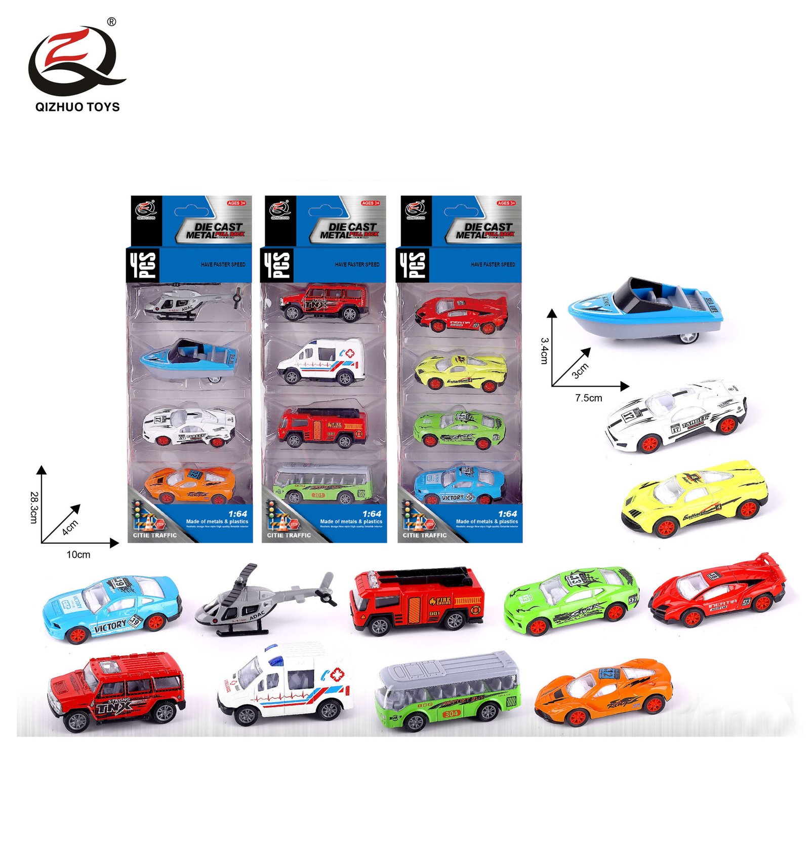 QZ617-D 4 Pcs 1:64 City Diecast Pull Back Car, 3 Assorted