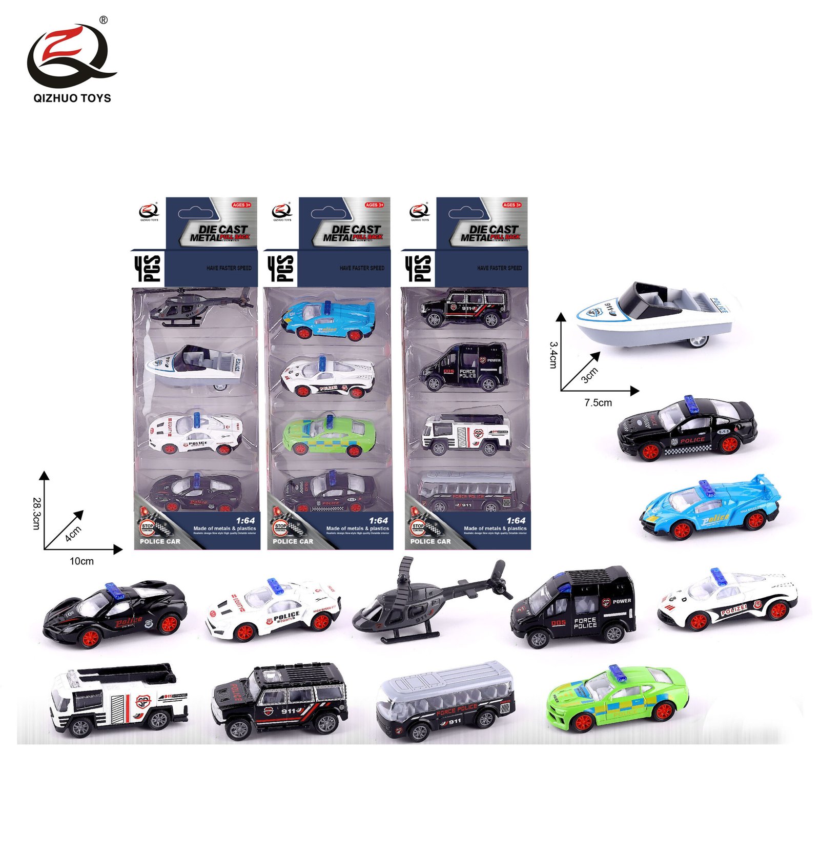 QZ617-G 4 Pcs 1:64 Police Diecast Pull Back Car, 3 Assorted
