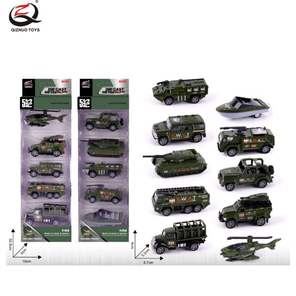 QZ618-A 5 Pcs 1:64 Military Diecast Pull Back Car, 2 Assorted