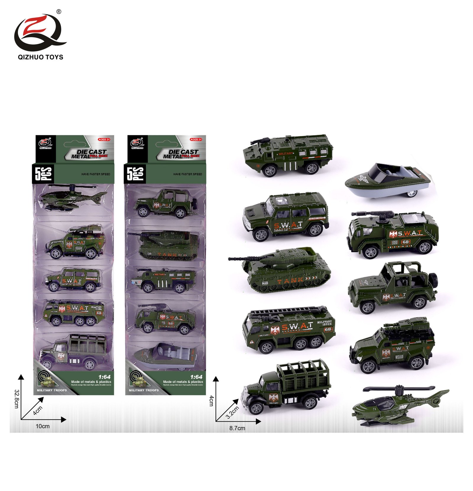 QZ618-A 5 Pcs 1:64 Military Diecast Pull Back Car, 2 Assorted