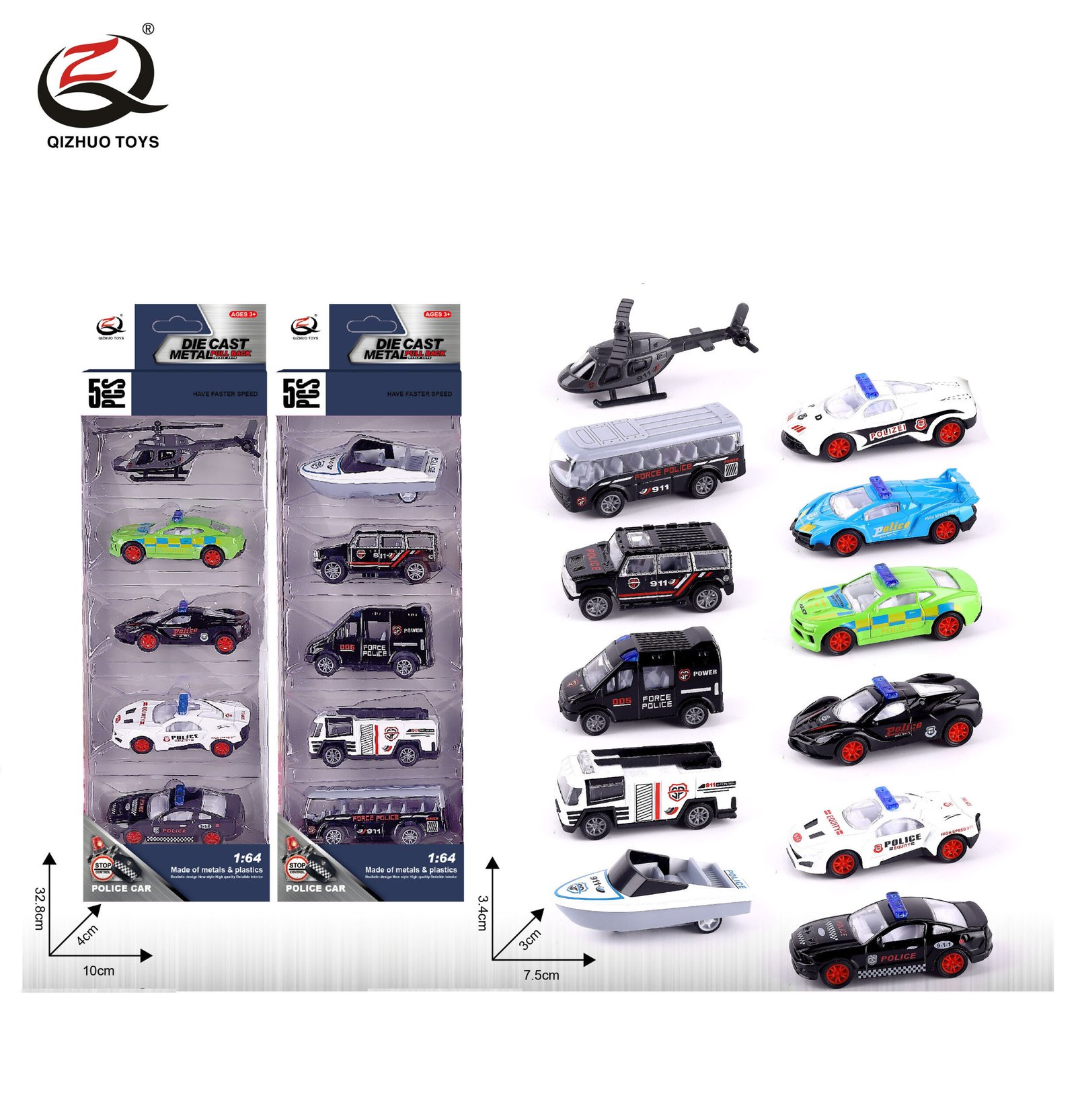 QZ618-G 5 Pcs 1:64 Police Diecast Pull Back Car, 2 Assorted, ( 4 Random Styles From The 6 Styles)