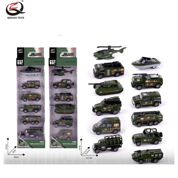 QZ619-A 6 Pcs 1:64 Military Diecast Pull Back Car, 2 Assorted