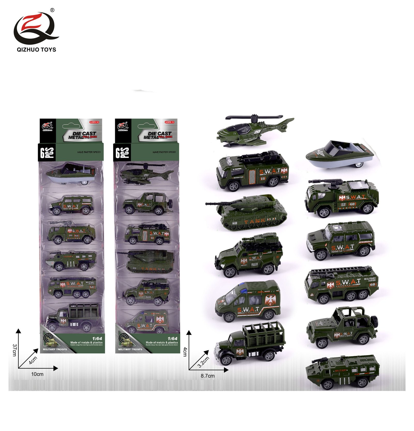 QZ619-A 6 Pcs 1:64 Military Diecast Pull Back Car, 2 Assorted