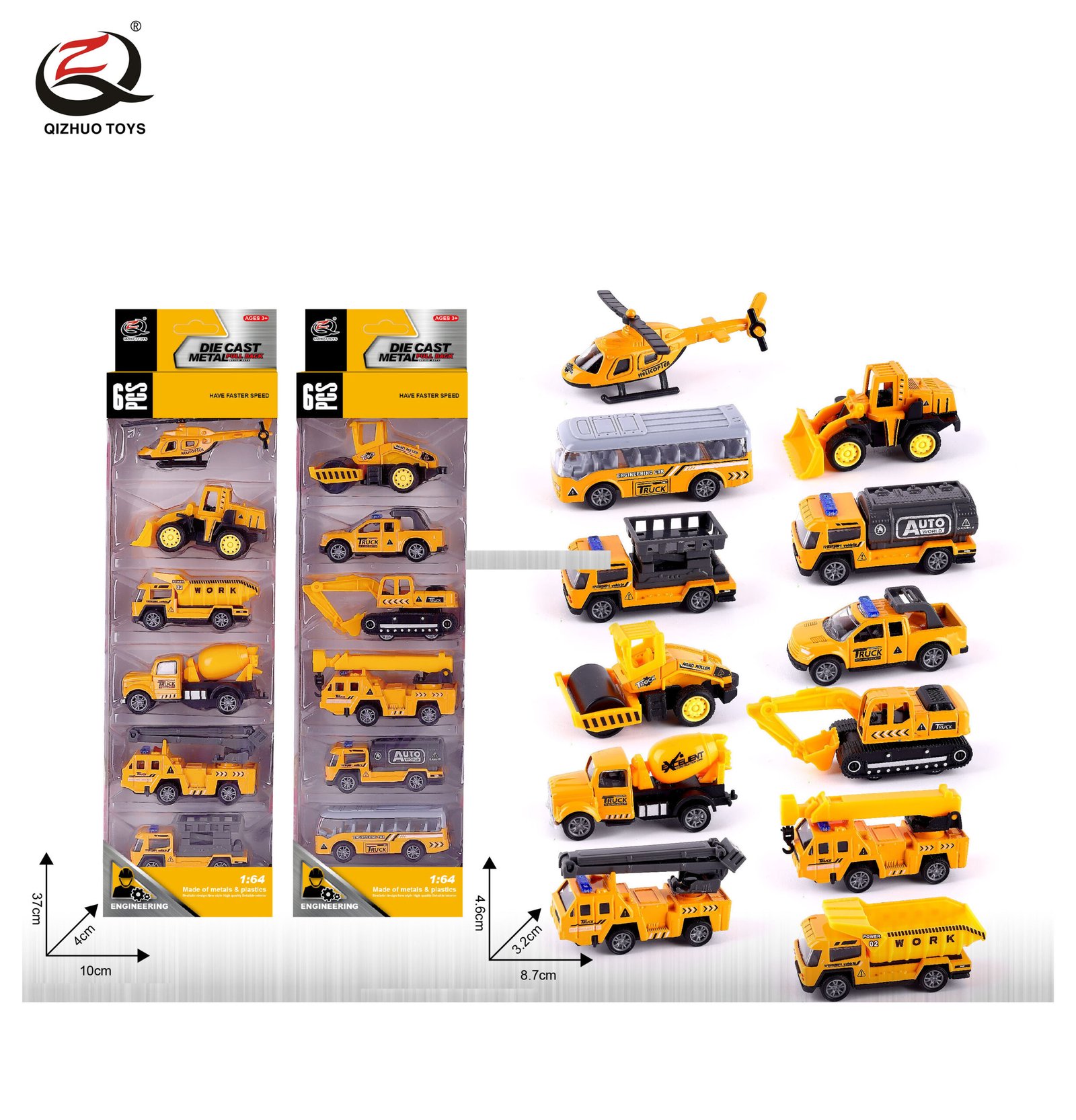 QZ619-C 6 Pcs 1:64 Engineering Diecast Pull Back Car, 2 Assorted