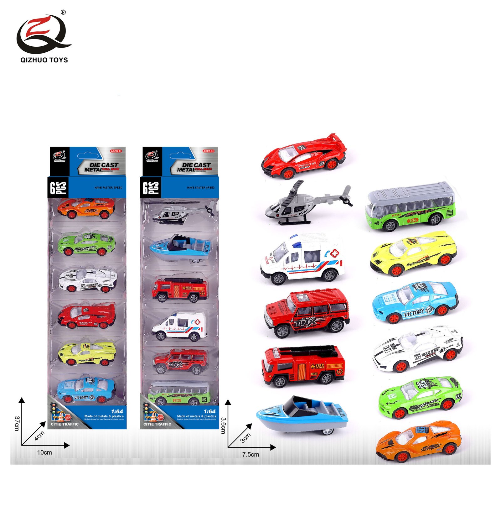 QZ619-D 6 Pcs 1:64 City Diecast Pull Back Car, 2 Assorted