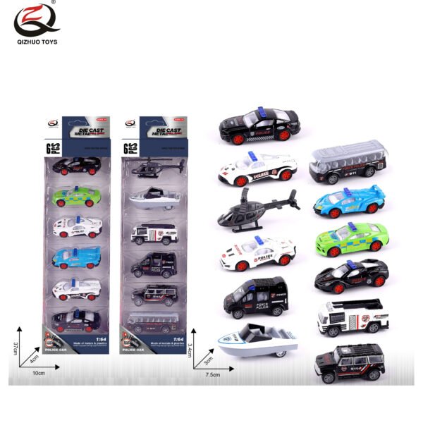 QZ619-G 6 Pcs 1:64 Police Diecast Pull Back Car, 2 Assorted