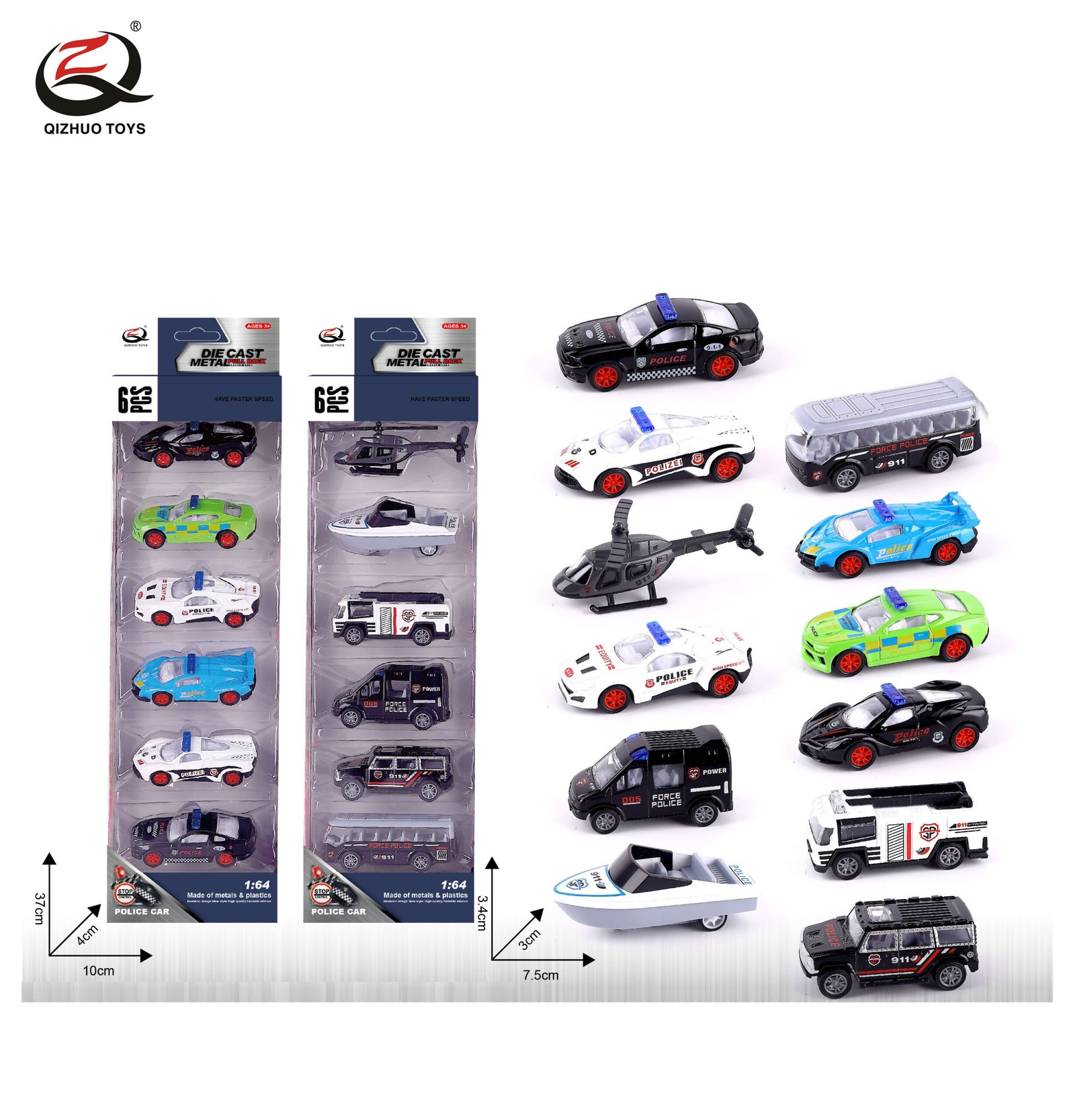 QZ619-G 6 Pcs 1:64 Police Diecast Pull Back Car, 2 Assorted