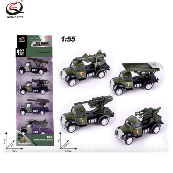 QZ620-A 4 Pcs  1:55 Military Diecast Pull Back Truck, 4  Styles