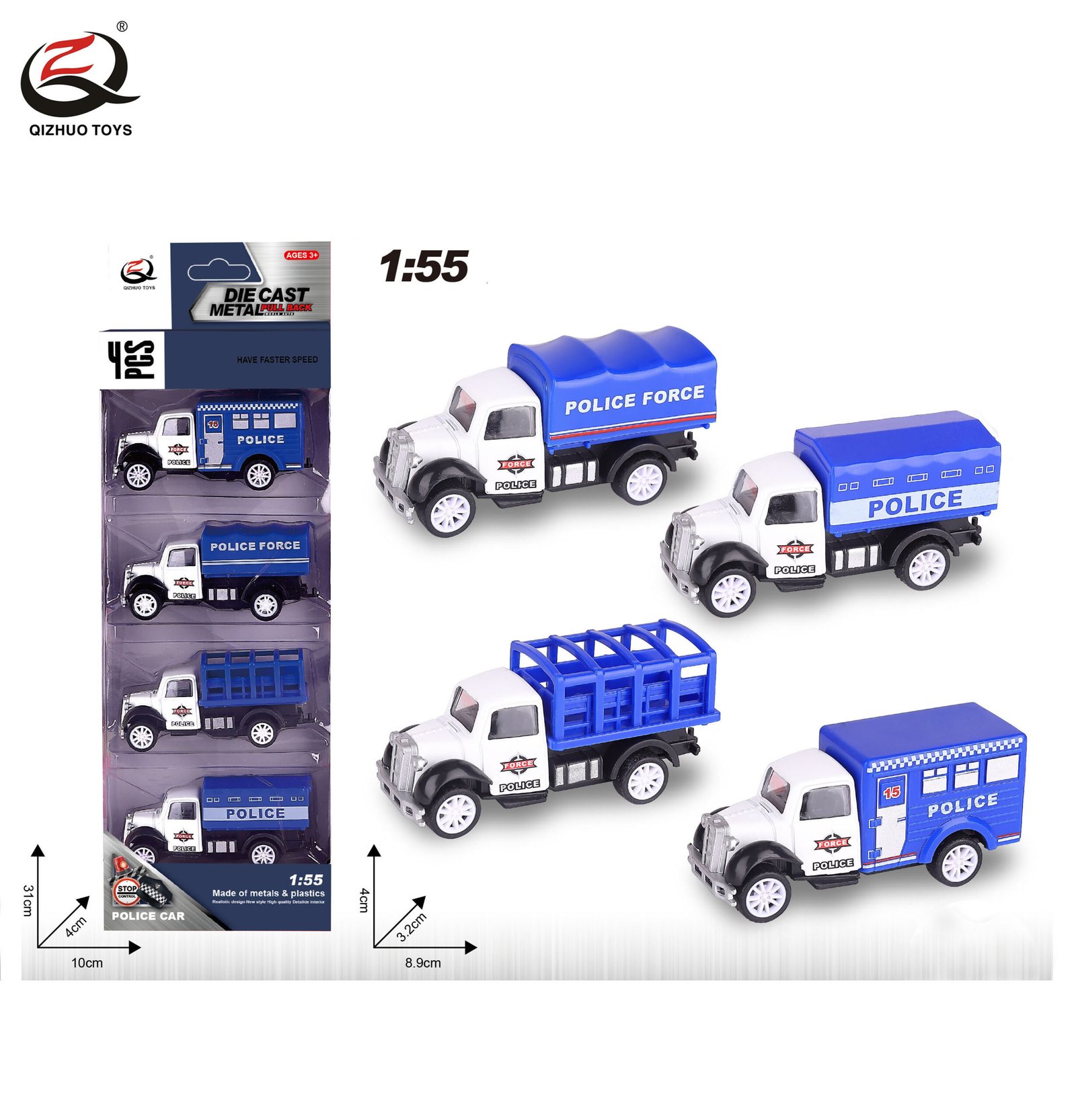 QZ620-E 4 Pcs 1:55 Police Diecast Pull Back Truck,4 Styles