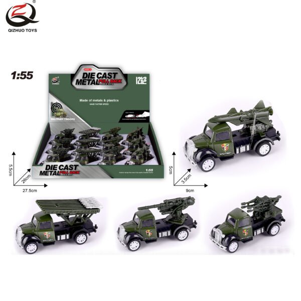 QZ621-A   1:55 Military Diecast Pull Back Truck, 4 Styles Mixed, 12 Pcs/Pdq