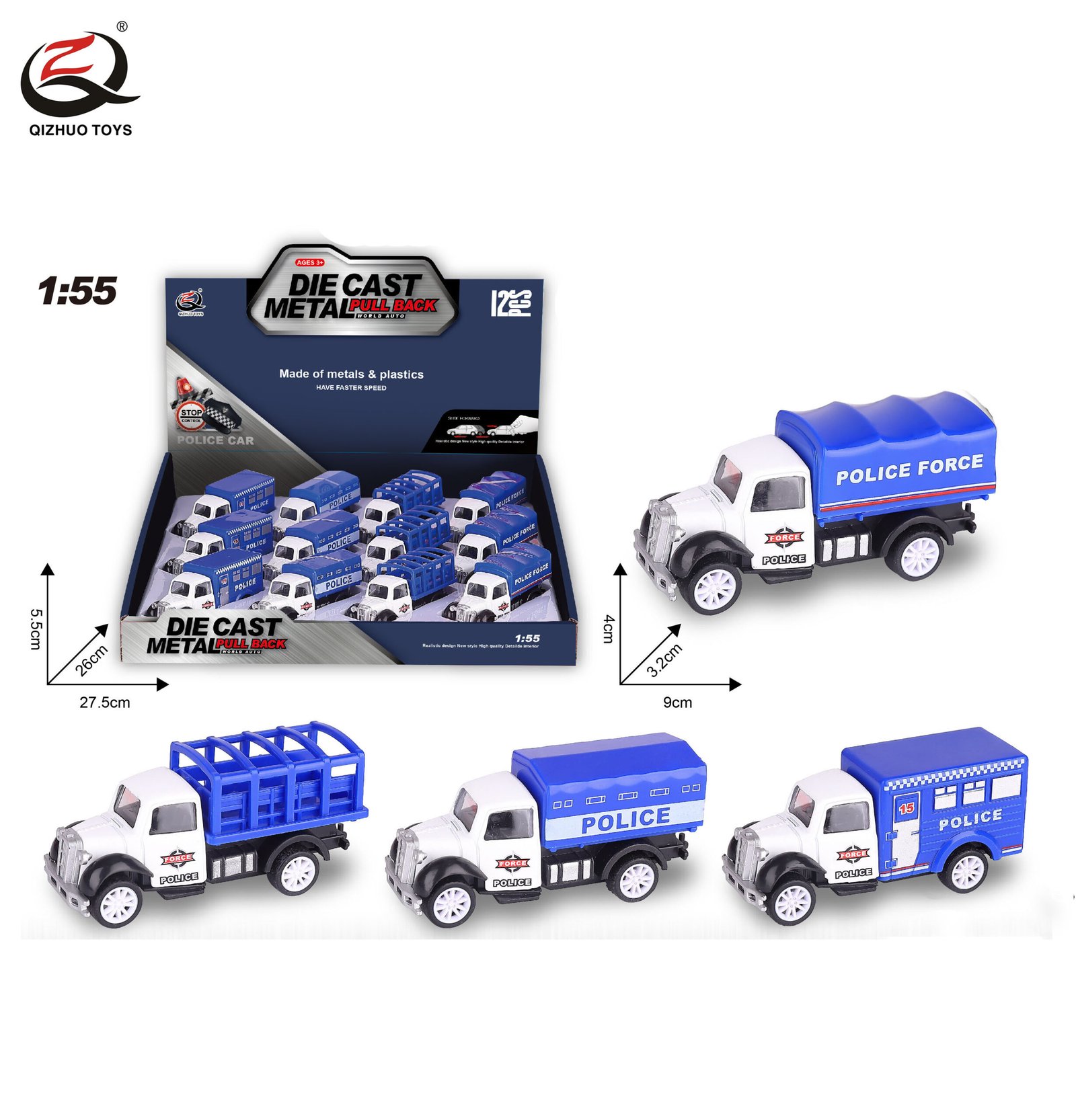 QZ621-E 1:55 Police Diecast Pull Back Truck, 4 Styles Mixed, 12 Pcs/Pdq