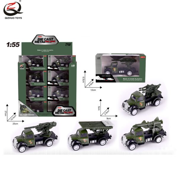 QZ622-A 1:55 Military Diecast Pull Back Truck, 4 Styles Mixed, 24 Pcs/Pdq