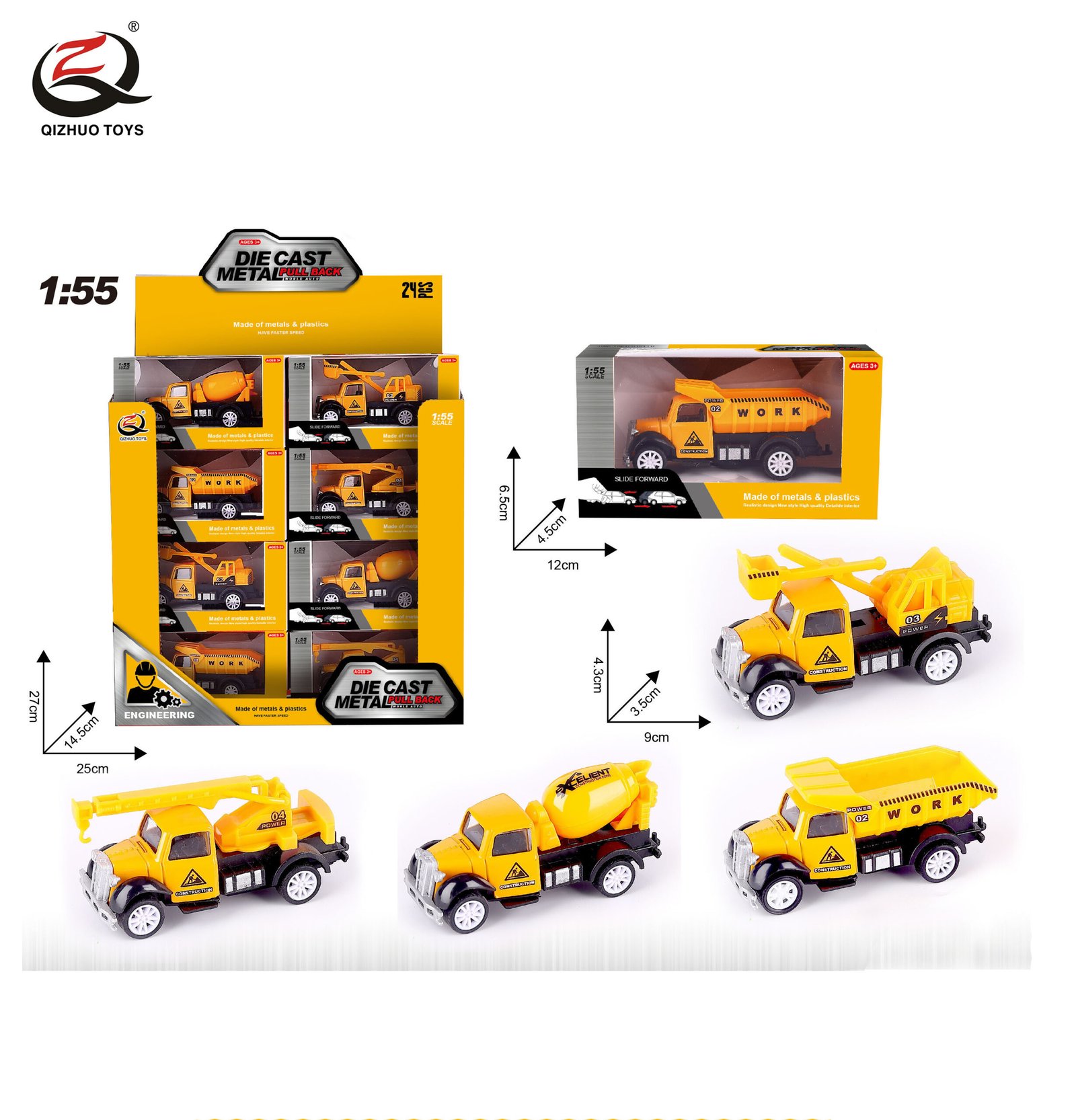 QZ622-C 1:55 Engineering Diecast Pull Back Truck, 4 Styles Mixed, 24 Pcs/Pdq