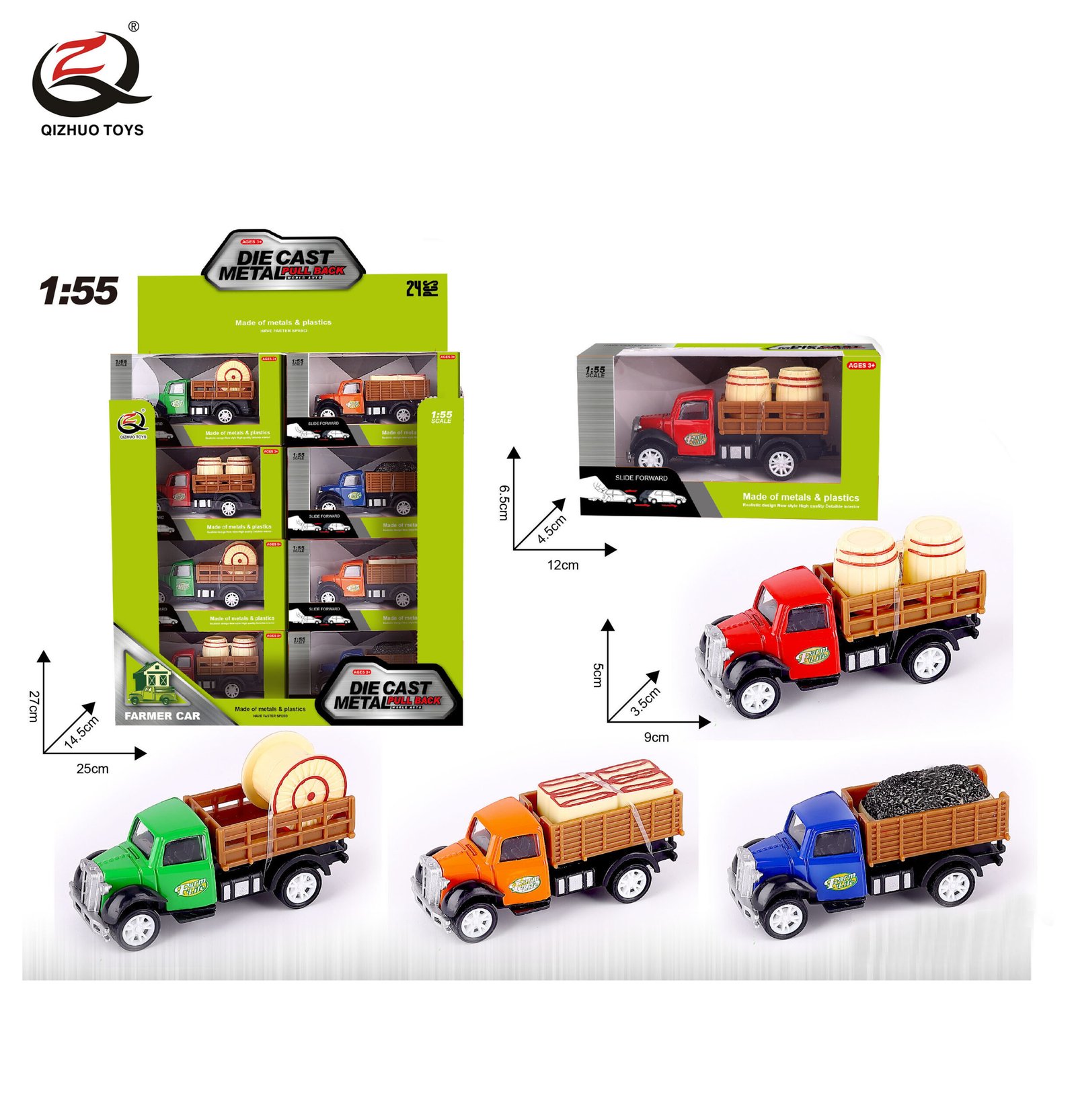 QZ622-D 1:55 Farm Diecast Pull Back Truck, 4 Styles Mixed, 24 Pcs/Pdq