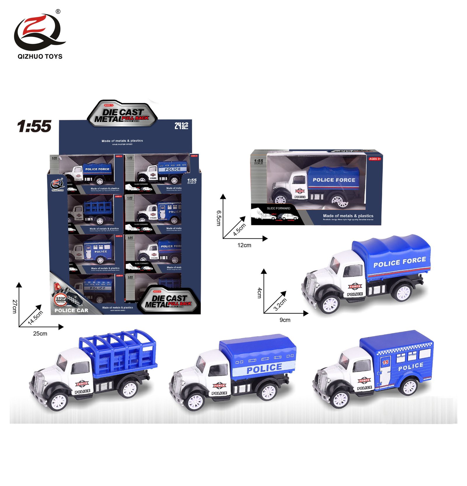 QZ622-E 1:55 Police Diecast Pull Back Truck, 4 Styles Mixed, 24 Pcs/Pdq