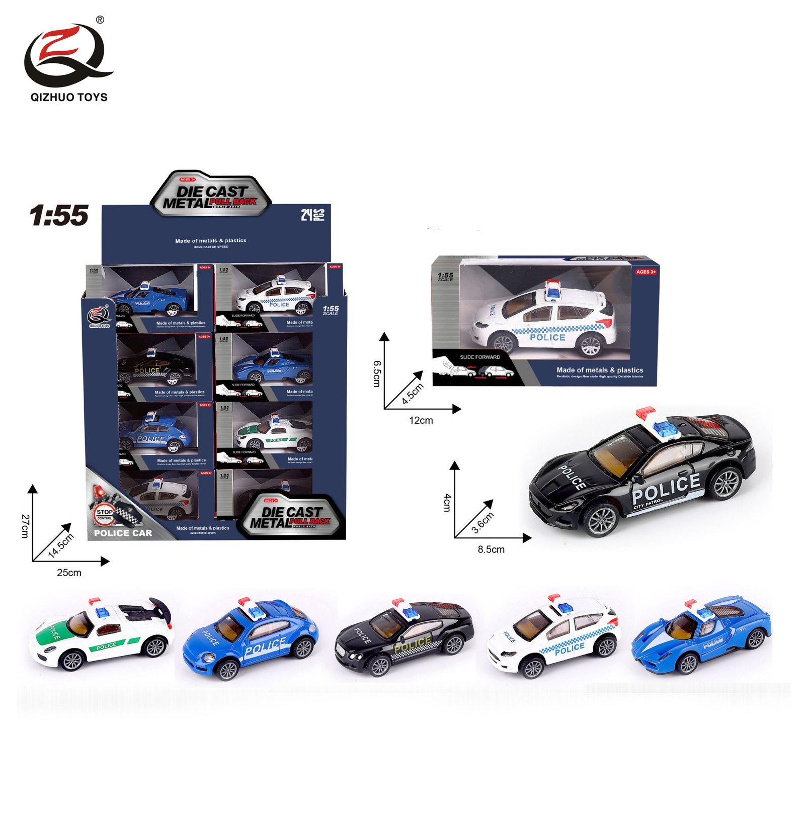 QZ622-G 1:55 Police Diecast Pull Back Car, 6 Styles Mixed, 24 Pcs/Pdq (Copy)