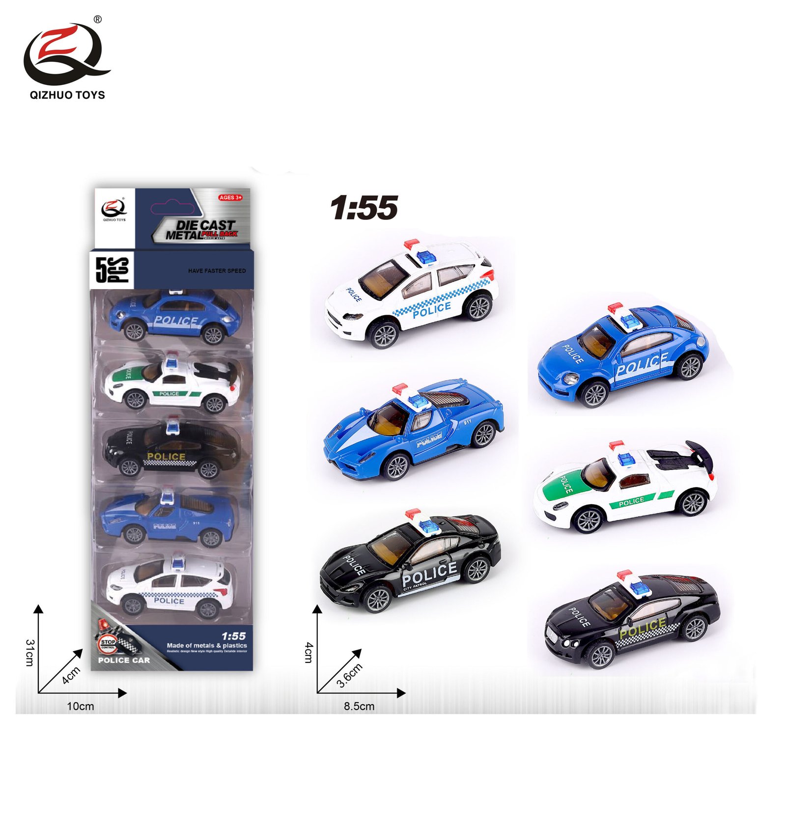 QZ624-G 5Pcs 1:55 Police Diecast Pull Back Car, ( 5 Random Styles From The 6 Styles)