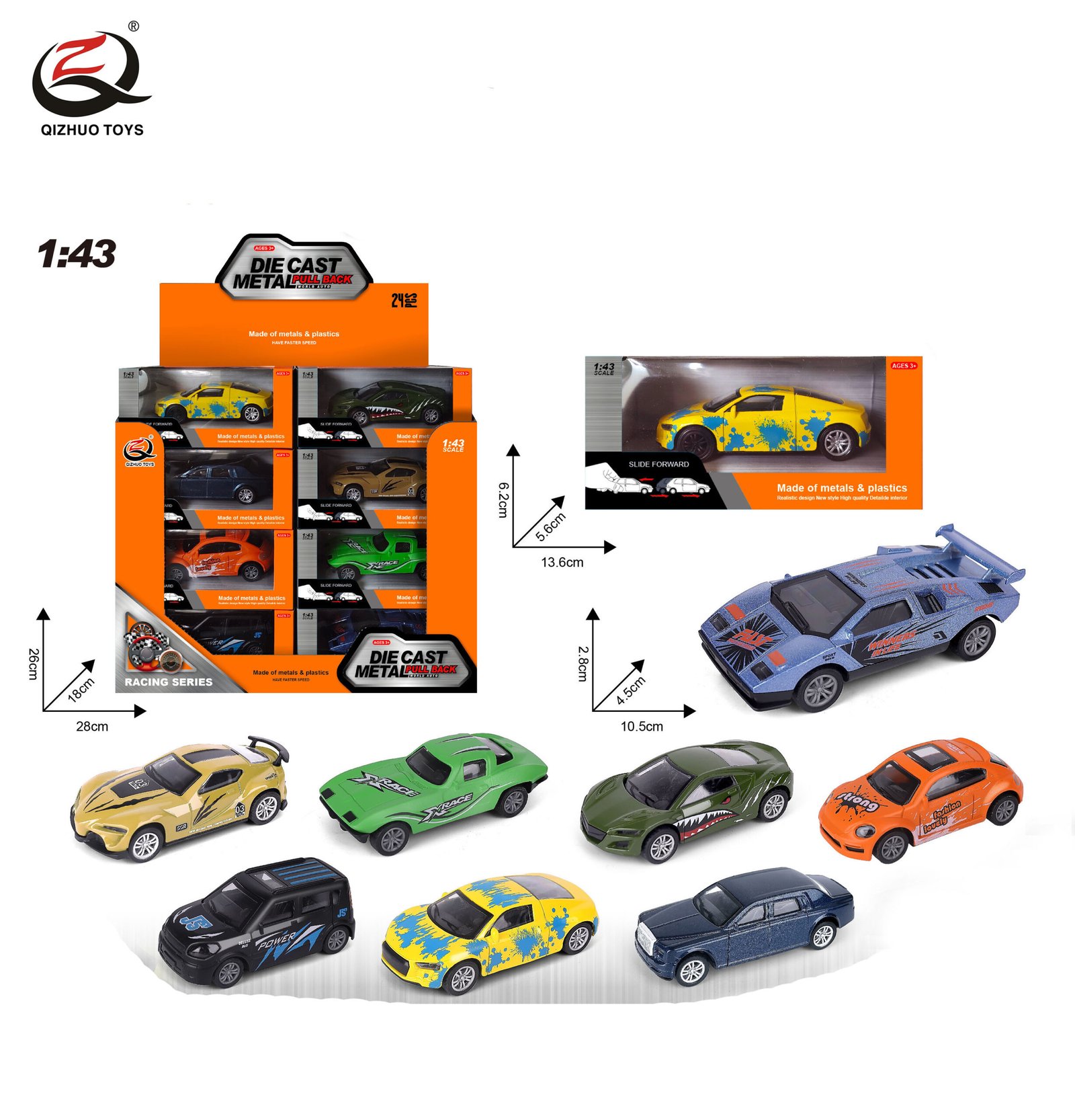 QZ626-A Scale 1:43 Diecast Pull Back Car, 8 Assorted, 24 Pcs/Pdq