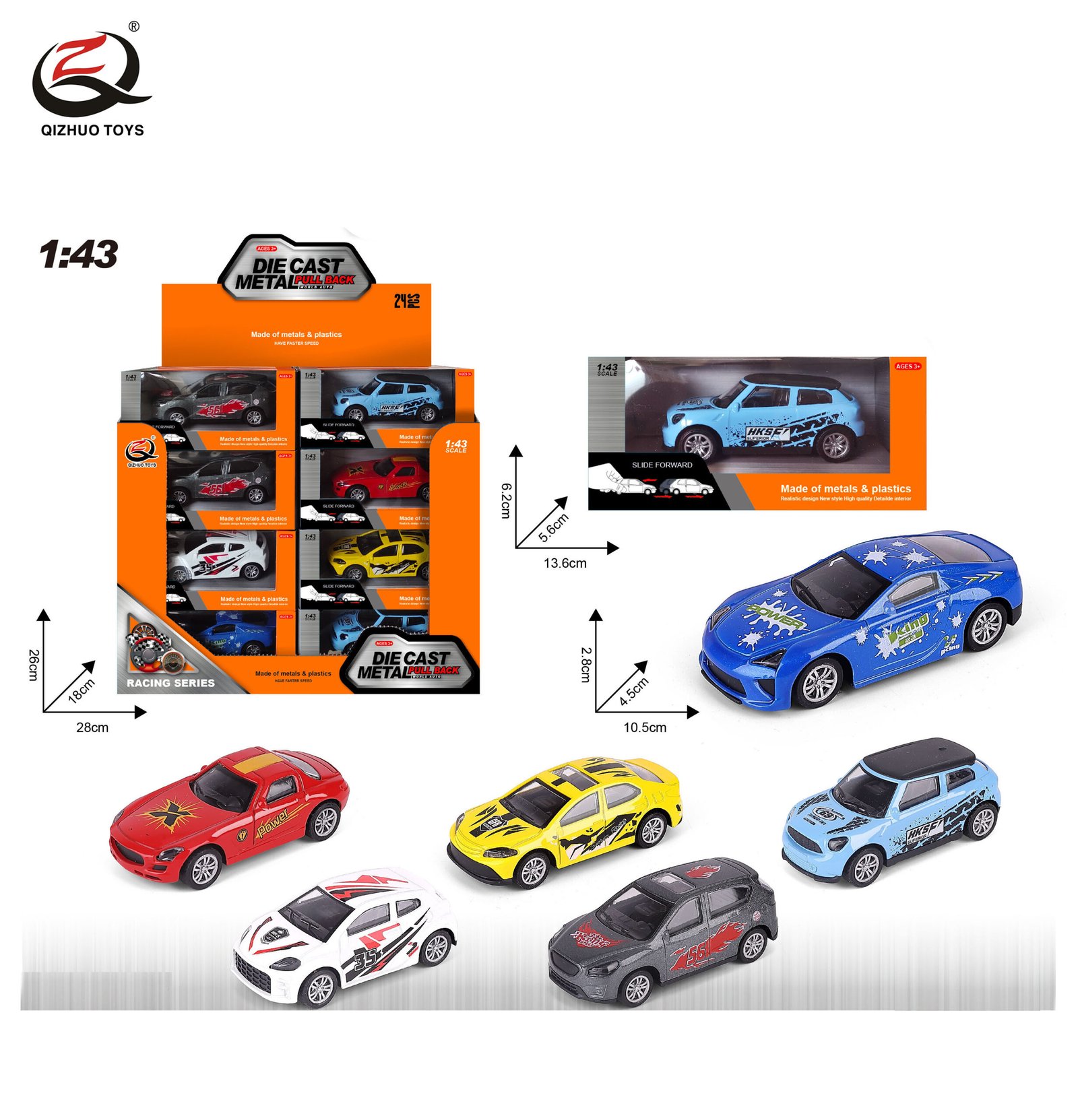 QZ626-C Scale 1:43 Racing Die cast Pull Back Car, 6 Assorted, 24 Pcs/Pdq