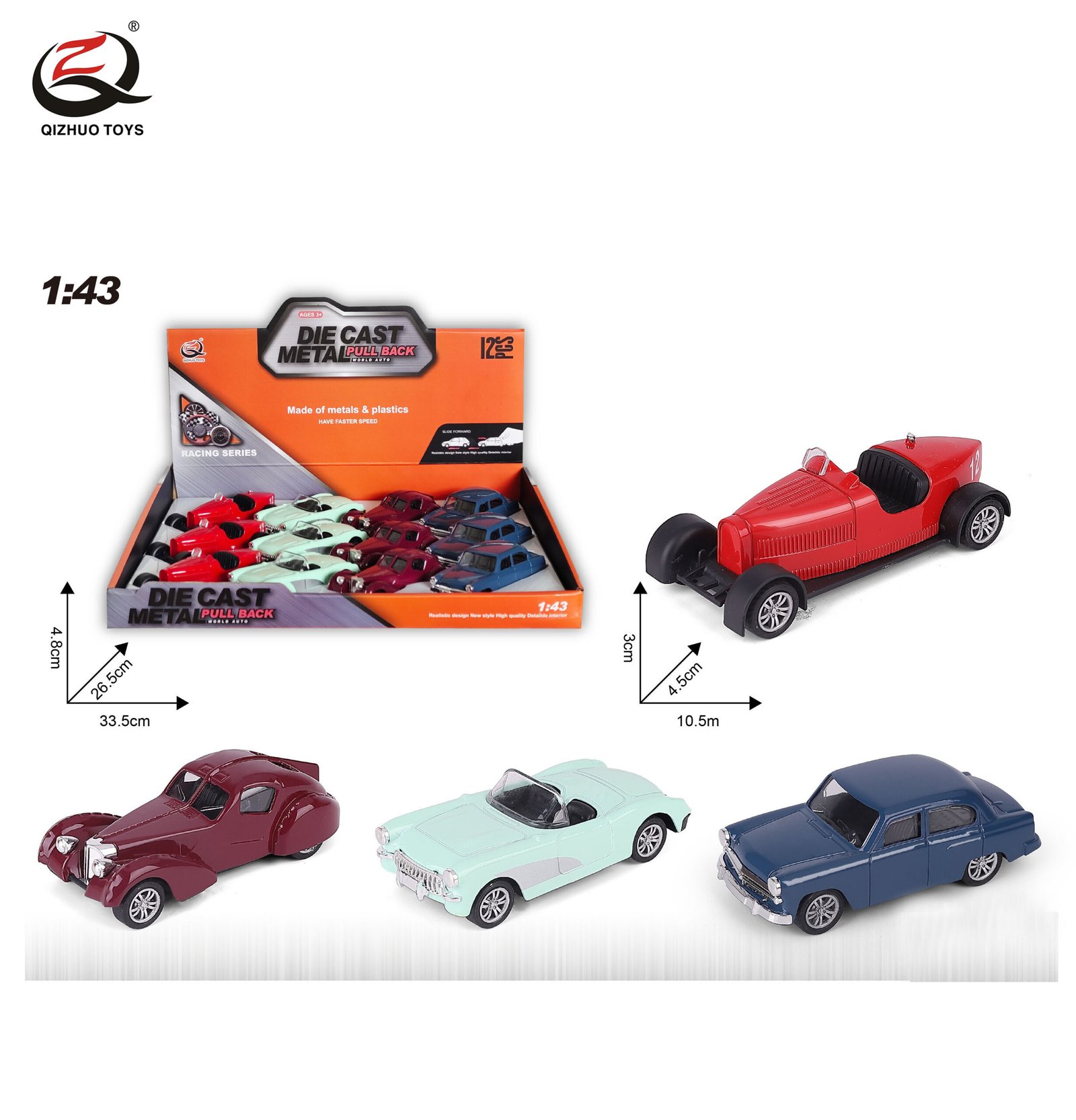 QZ627-B Scale 1:43 Die cast Pull Back Car, 4 Assorted,12 Pcs/Pdq
