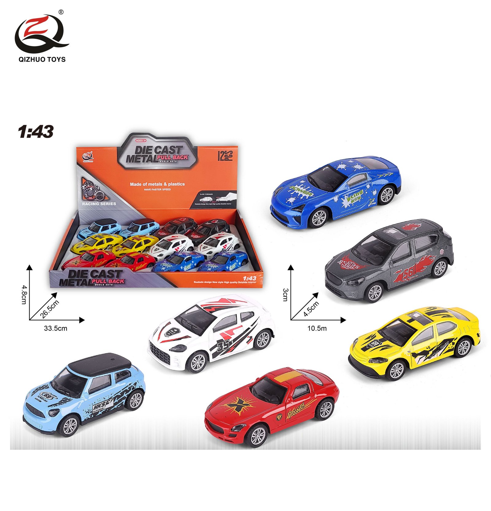 QZ627-C Scale 1:43 Diecast Pull Back Car, 6 Assorted,12 Pcs/Pdq