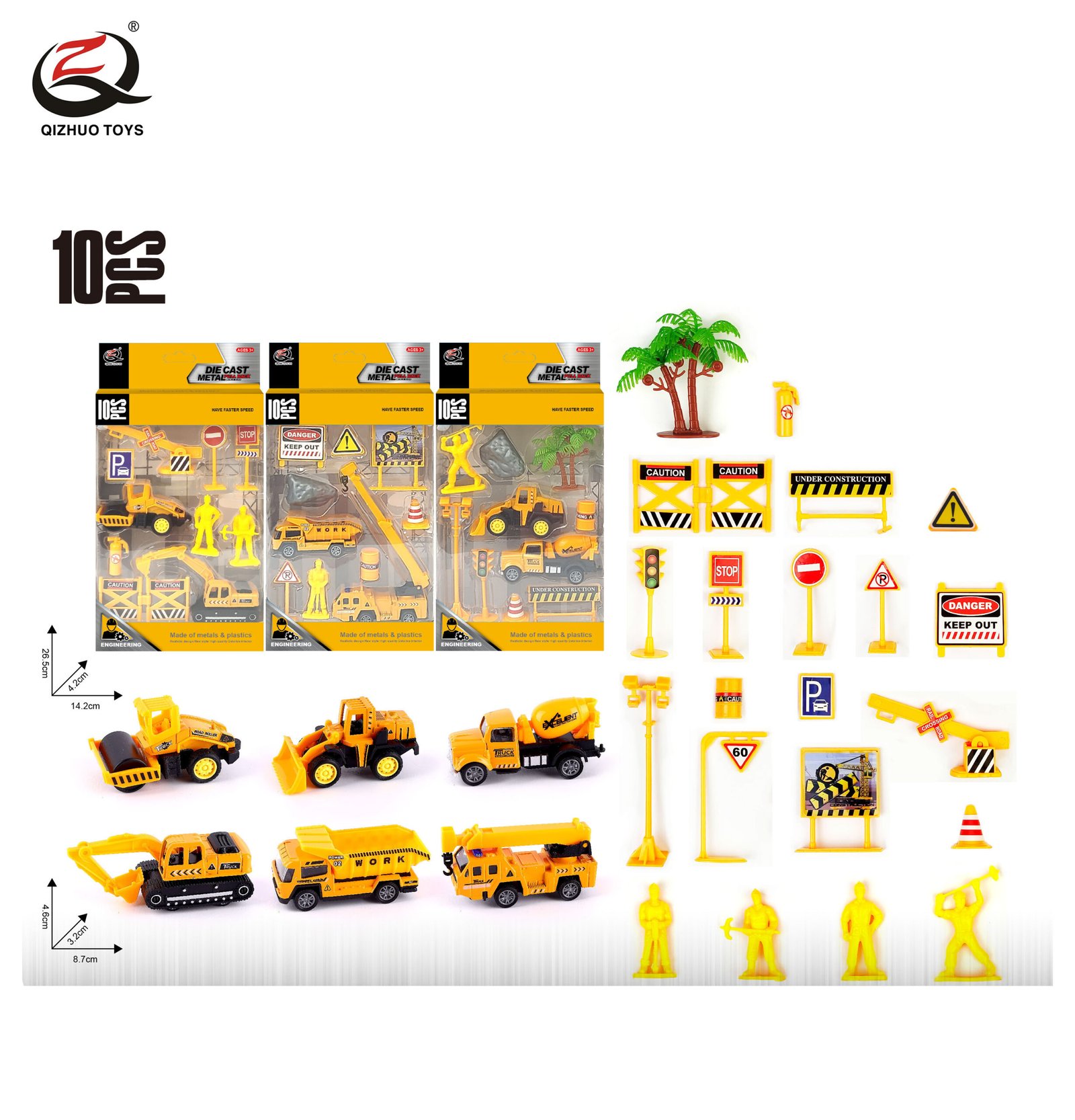 QZ628-C Scale 1:64 Engineering Series Die Cast Can Car Set, 3 Assorted, Free Wheel