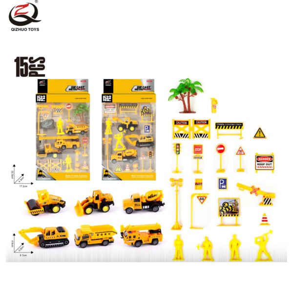 QZ629-C Scale 1:64 Engineering Series Die Cast Can Car Set, 3 Assorted, Free Wheel