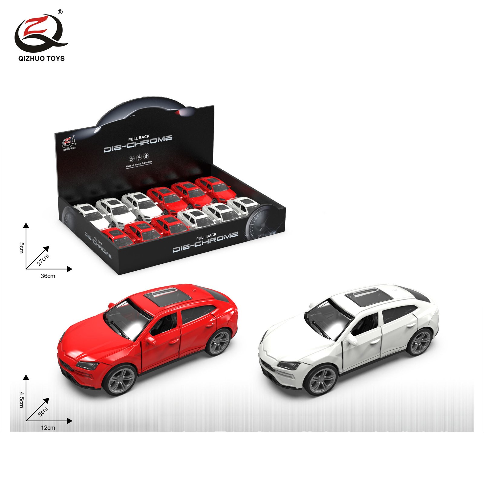 QZ632B Scale 1:32 Die cast Pull Back Car, With Light/Sound, Can Open The Doors, 2 Assorted,12 Pcs/Pdq