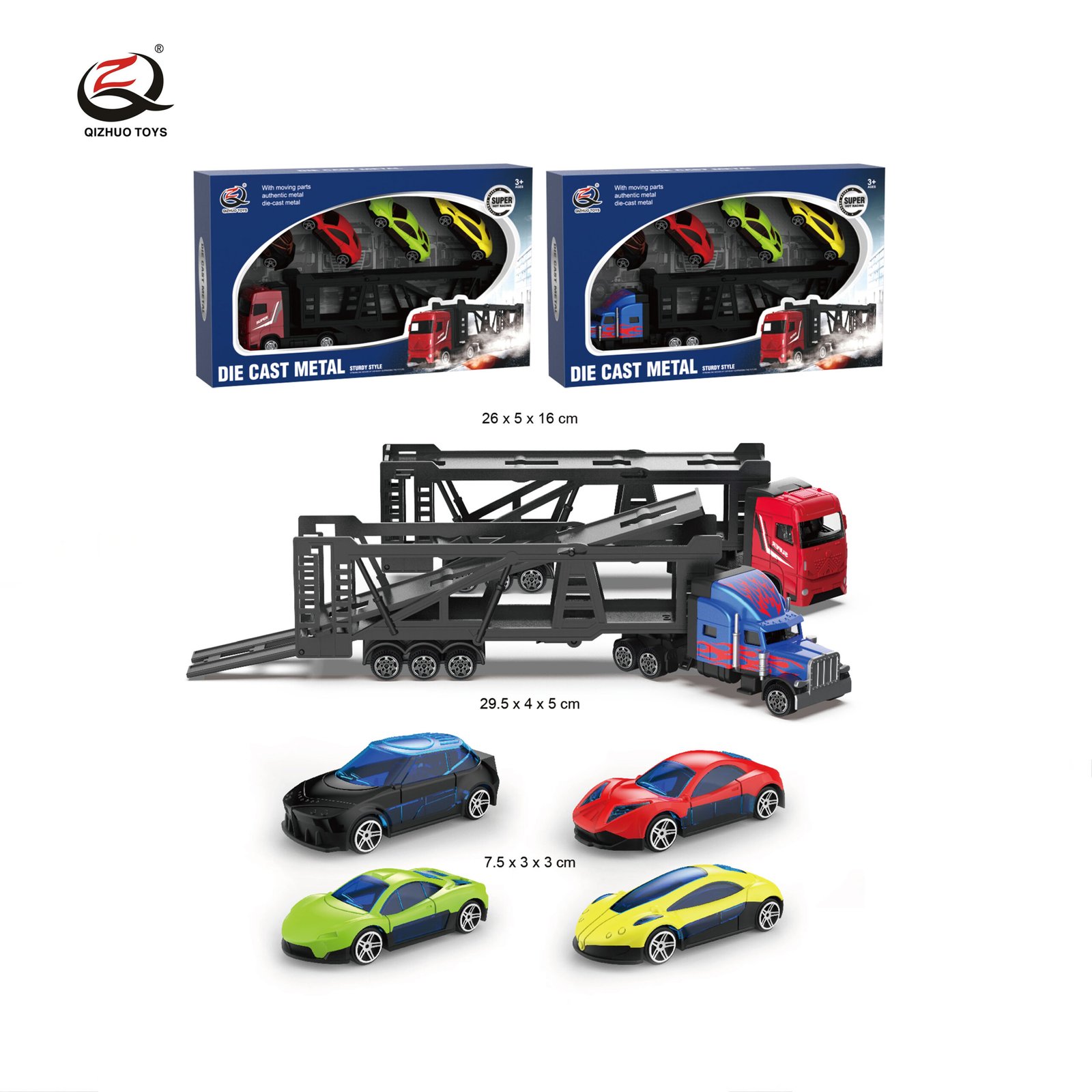 QZ634-A 1:64 Diecast Truck Carrying 4 Pcs Alloy Cars, 2 Assorted, All Free Wheel