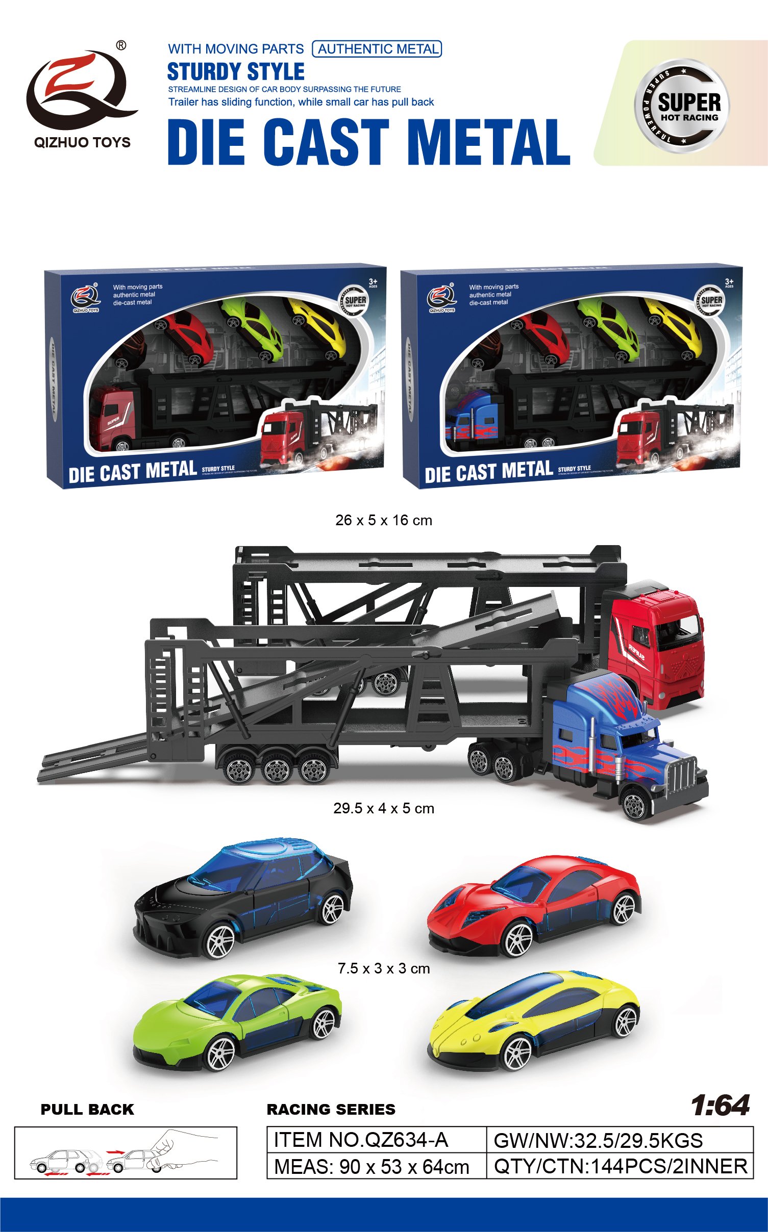 QZ634-A Scale1:64 Die Cast Truck And 4 PCS Die Cast Cars, Free wheel, 2 Assortment